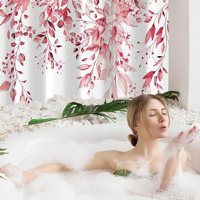 Gibelle Extra Long Shower Curtain 72 x 84, Tall Pink Floral Shower Curtain for Bathroom, Watercolor Plant Eucalyptus Leaves Fabric Shower Curtain Set