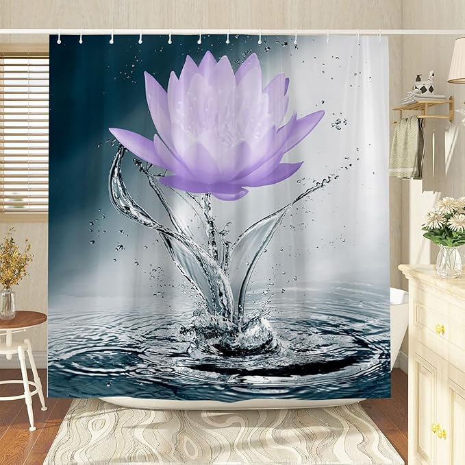 Lotus Shower Curtain Black White Blue Violet Flower Elegant Blooming Floral with Dew Spring Flower Reflection on Water Modern Romantic Polyester Fabric Bathroom Decor 36×70 Inch with Hook