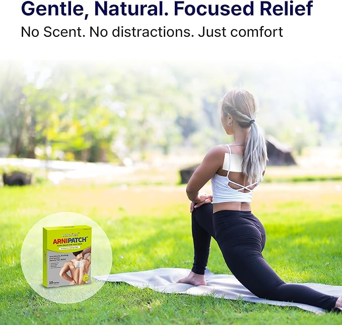 Arnica Hydrogel Pain Relief Patches | Natural Relief for Muscle, Joint, Bruises & Swelling | Flexible, Non-Greasy & Long-Lasting | Great for Back, Knee & Neck Pain (3.9"x4.7", 10, Count)