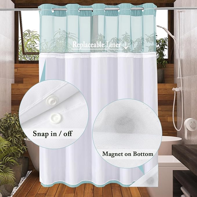 Gibelle No Hook Waffle Weave Shower Curtain with Snap-in Fabric Liner Set for Bathroom, Hotel Style with Mesh Top Window, Waterproof & Washable, Teal, 72x74