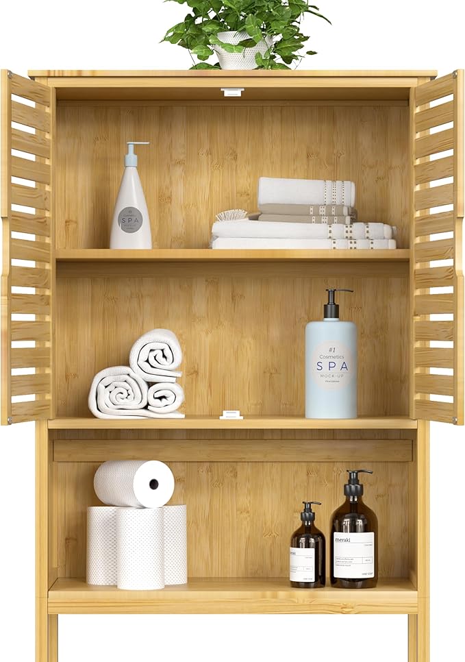 BlueWish Bamboo Over The Toilet Storage Cabinet, Over Toilet Cabinet with Anti-toppling Design, Adjustable Slats, Over-The-Toilet Storages, Bathroom Storage Cabinets for Bathroom, Laundry
