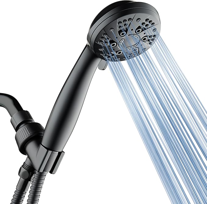 AquaDance High Pressure 6-Setting Matte Black Handheld Shower Head with Stainless Steel Hose. Officially Independently Tested to Meet Strict US Quality & Performance Standards!