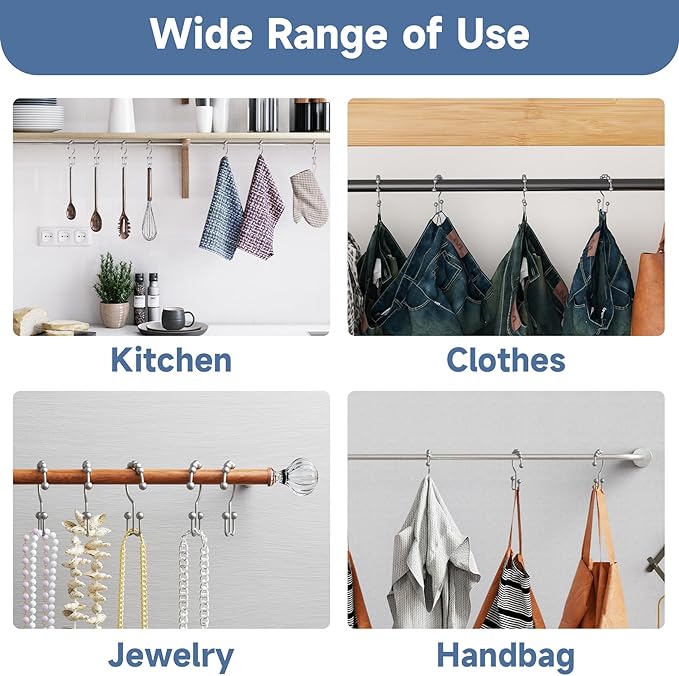 Titanker Shower Curtain Hooks Rings, Rust-Resistant Metal Double Glide Shower Hooks for Bathroom Shower Rods Curtains, Set of 12 Hooks - Space Silver