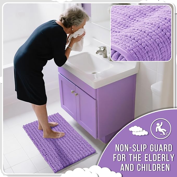 Yimobra Bathroom Rugs Non Slip Washable 32x20 Inch - Ultra Soft Absorbent Chenille Bath Mat, Quick Dry Shaggy Floor Carpet for Tub Shower, Lavender Home Decor Accessories