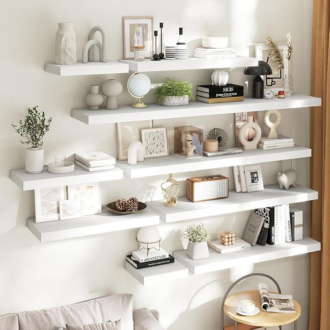 36 Inch Floating Shelves for Wall Set of 2, 12"D Wood Grain Bathroom Shelves with Invisible Brackets, Easy Install Engineered Wood Storage Shelves for Kitchen, Living Room, Bedroom, White Finish