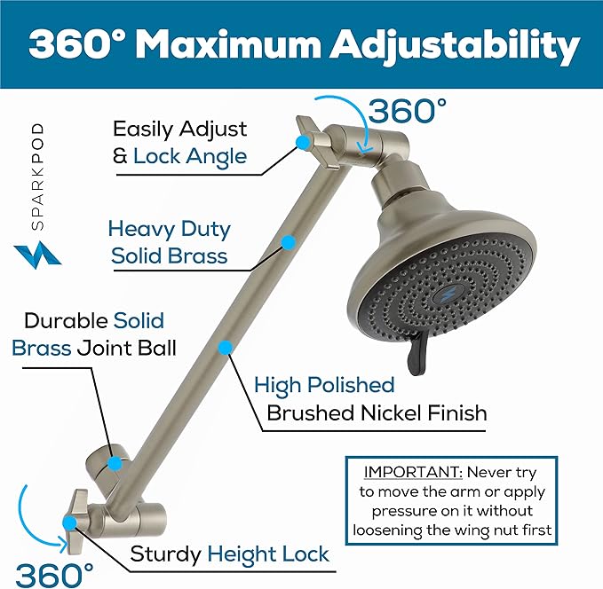 SparkPod 11" Solid Brass Shower Head Extension Arm - Flexible Height & Angle Adjustable Shower Arm Extension for Rain Showerheads with Sturdy Lock - Universal Pipe Connection (Elegant Brushed Nickel)