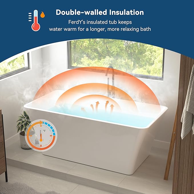 FerdY Sentosa 59" Acrylic Freestanding Bathtub, Contemporary Design Soaking Tub with Polished Chrome Drain and Minimalist Linear Design Overflow, Easy to Install