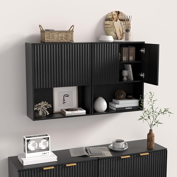 Fluted Bathroom Wall Cabinet Over The Toilet Storage,Wall Mounted Cabinet with Adjustable Shelf,Floating Cabinet Organizer Hanging Cabinet,Kitchen and Laundry Room Cabinets (Black-2 PCS)