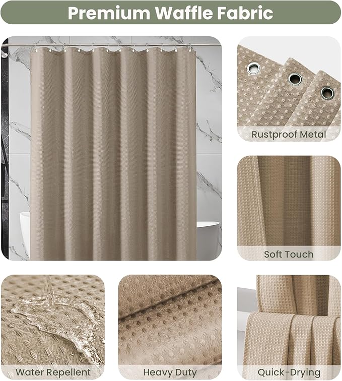 Inhousolu Fabric Shower Curtain Waffle Weave, 230 GSM Heavy Duty, Weighted Hem, 14 Metal Hooks, Water Repellent, Machine Washable, Hotel Spa Luxury Bath Curtain Set, 72 x 84 Inch, Beige