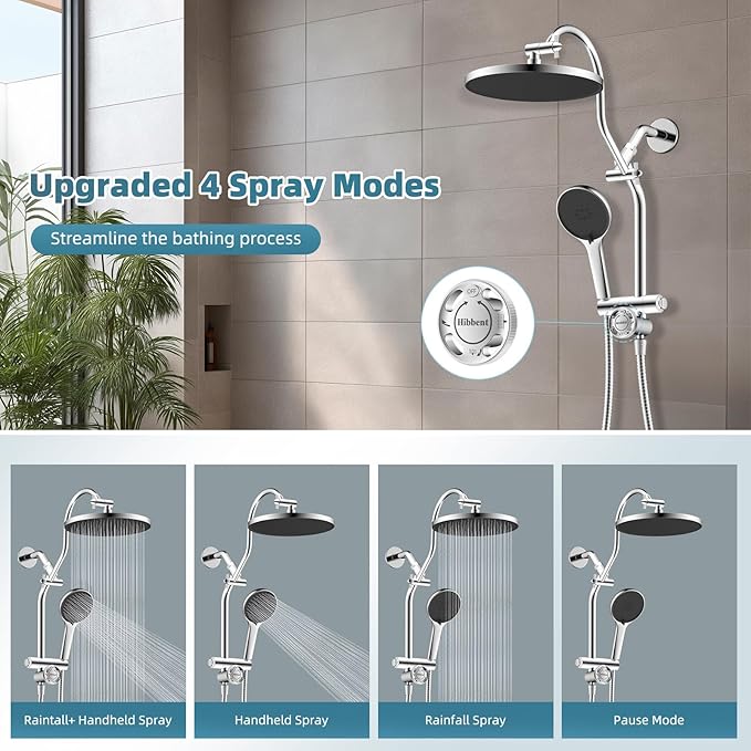 Hibbent Upgraded Self-cleaning Shower Head Combo, High Pressure 10'' Rain Showerhead with 3-mode Handheld Spray, Metal Extension Arm with Easy Reach All Metal 4-way Diverter, 71" Hose & Holder, Chrome