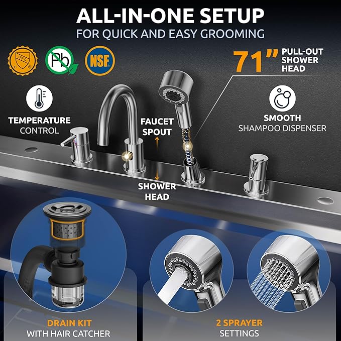 KANIS Black Line Professional Dog Washing Station - 304 Stainless Steel Pet Wash Sink & Grooming Bathtub w/Shower, Floor Grates and Storage for Large, Medium & Small Pets (61", 1 Drawer - Left Ramp)