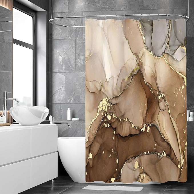 Extra Long Shower Curtain 72 x 84 Inch, Brown Tall Abstract Marble Shower Curtains for Bathroom, Modern Luxury Art Decor Ink Texture Fabric Shower Curtain Set with Hooks