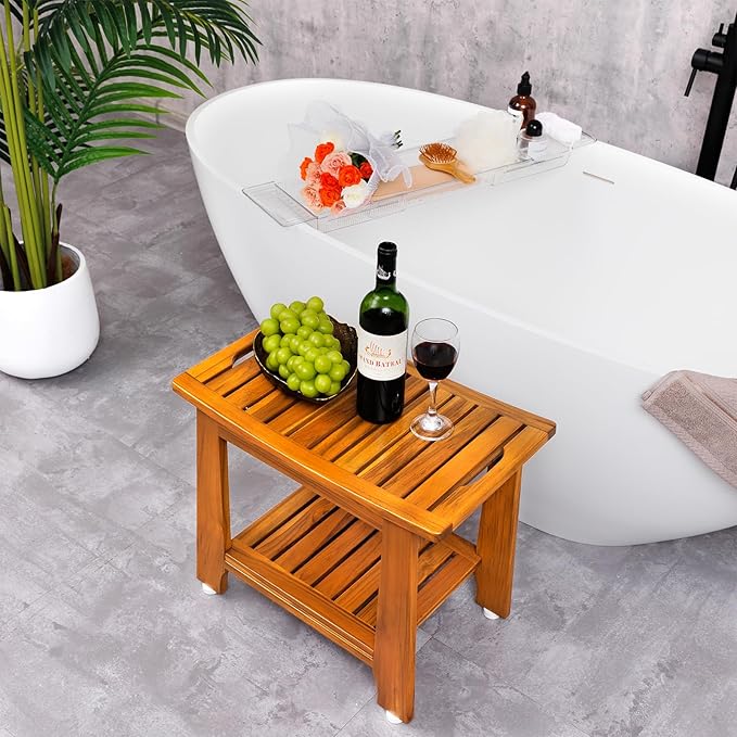 14" Compact Teak Shower Stool with Shelf & Handle - Waterproof, Non-Slip Bath Bench for Small Bathrooms/Outdoor Use, 300 lbs Capacity (Patented)