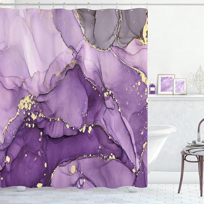 Extra Long Shower Curtain 72 x 84 Inch, Purple Tall Abstract Marble Shower Curtains for Bathroom, Modern Luxury Art Decor Ink Texture Fabric Shower Curtain Set with Hooks