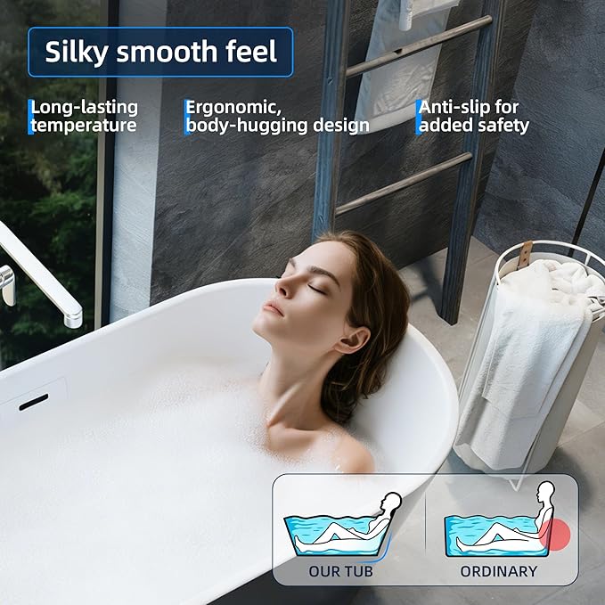 59'' Acrylic Freestanding Bathtub, Deep Soaking Tub with Non-Slip Base, cUPC Certified, Modern Black Bath Tub with Chrome Drain, Free Standing Tub for Bathrooms
