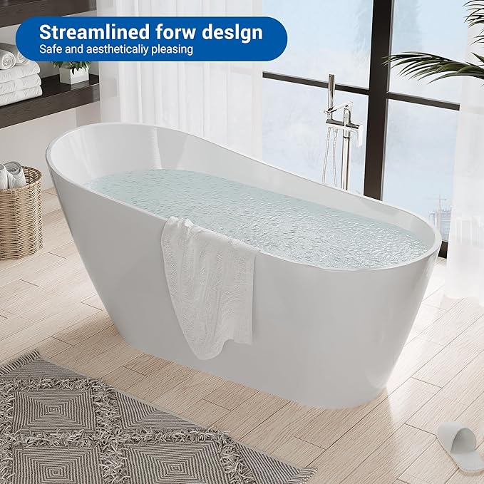 67 Inch Freestanding Acrylic Bathtub, Modern Soaking Tub with Chrome Overflow & Drain, CUPC Certified, Deep Soaking Design for Luxurious Spa Experience, Contemporary Bathroom Centerpiece