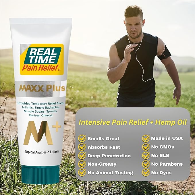 Real Time Pain Relief MAXX Plus - 7oz Tube | Intensive Formula with 19 Natural Ingredients Including Hemp Oil | Fast-Acting Relief for Muscle Pain, Arthritis, Backaches, and More