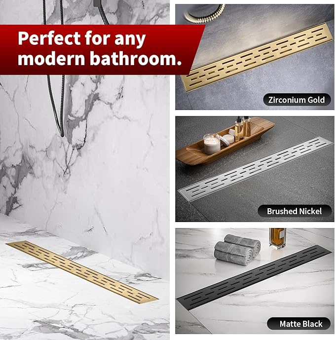 Sharp-tec Linear Shower Drain, 32 inch Shower Drain with Removable Pattern Cover, Brushed Gold 304 Stainless Steel Rectangle Floor Drain, Adjustable Feet and Hair Strainer Included (Model 101)