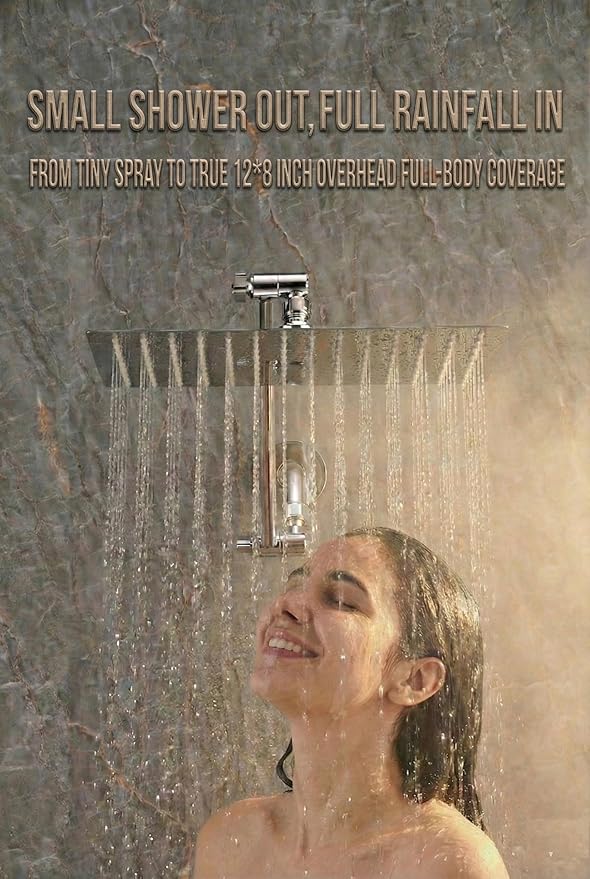 All Metal Rain Fixed Shower Head, 12 * 8'' High Pressure Rainfall Rectangle Showerhead with 11" Shower Head Extension Arm, Waterfall fixed Showerheads, Chrome