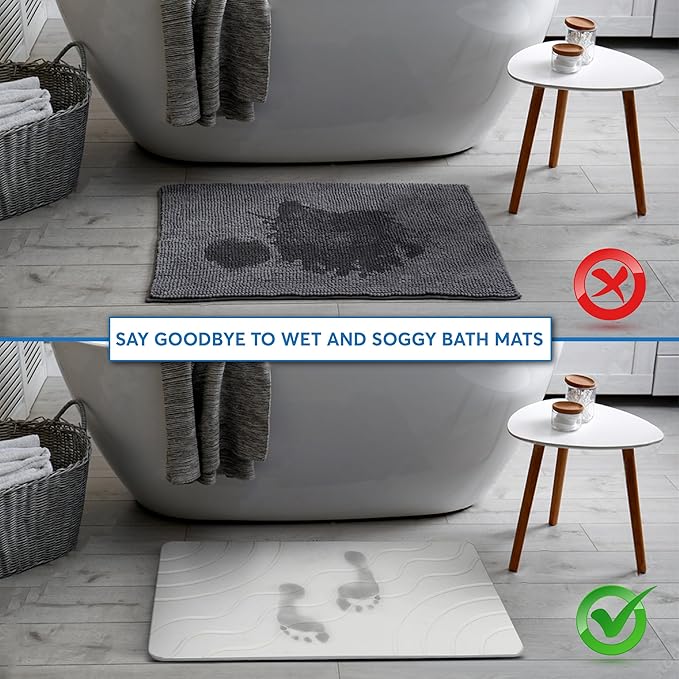 Stone Bath Mat – Quick Drying Diatomaceous Earth Bath Mat, Super Absorbent Bathroom Stone Mat, Non-Slip Shower Stone Mat, Modern Water Absorbing Bath Mat for Bathroom & Kitchen (23.6” x 15.3”, White)