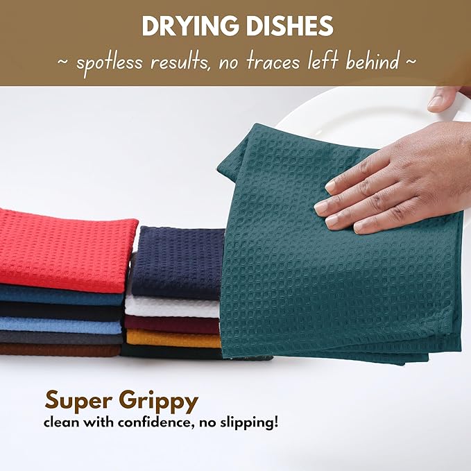 Native Fab Cotton Kitchen Towel with Hanging Loop 16x26 inches, 6-Pack, Waffle Weave Kitchen Towels for Cleaning Drying, Washcloths Soft & Absorbent Cloth Rags, Bar Towel, Dish Cloth, Teal Green