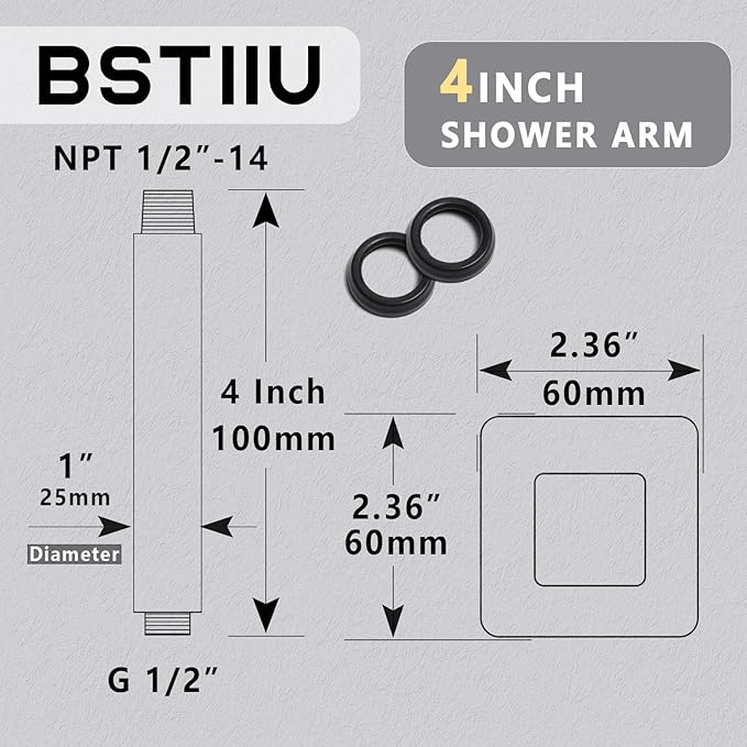 4 Inch Shower Arm with Flange, Ceiling Mounted Square Shower Head Extension Arm, 1/2 NPT Straight Arm for Rain Shower Head, Stainless Steel Shower Head Extension Replacement Pipe Arm,Matte Black