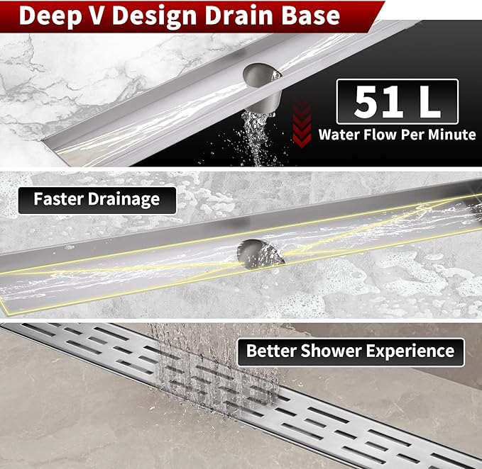 Sharp-tec Linear Shower Drain, 32 inch Shower Drain with Removable Pattern Cover, Brushed Nickel 304 Stainless Steel Rectangle Floor Drain, Adjustable Feet and Hair Strainer Included (Model 101)