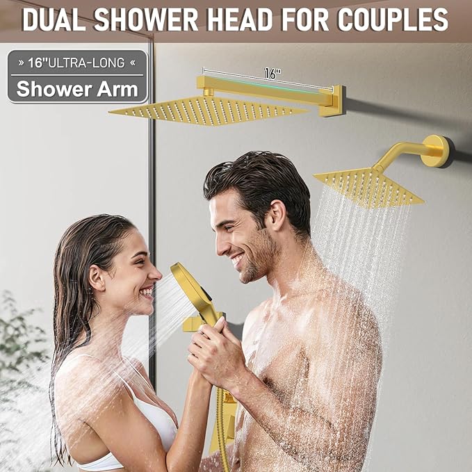 Shower Faucet Set Brushed Gold Shower System, Push Button Diverter 3-Way Shower Valve Kit, Wall Mount 12 Inch Overhead Shower Head with 6 Inch Side Spray Shower Head, 4 Modes Flow Handheld Shower