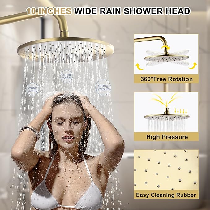 Brushed Gold Exposed Shower System with 2 Modes HandHeld,3 Functions Tub Shower Faucet Sets with Brass Valve, Shower Fixture with 10 Inches Rainfull Shower Head,Shower Height Adjustable