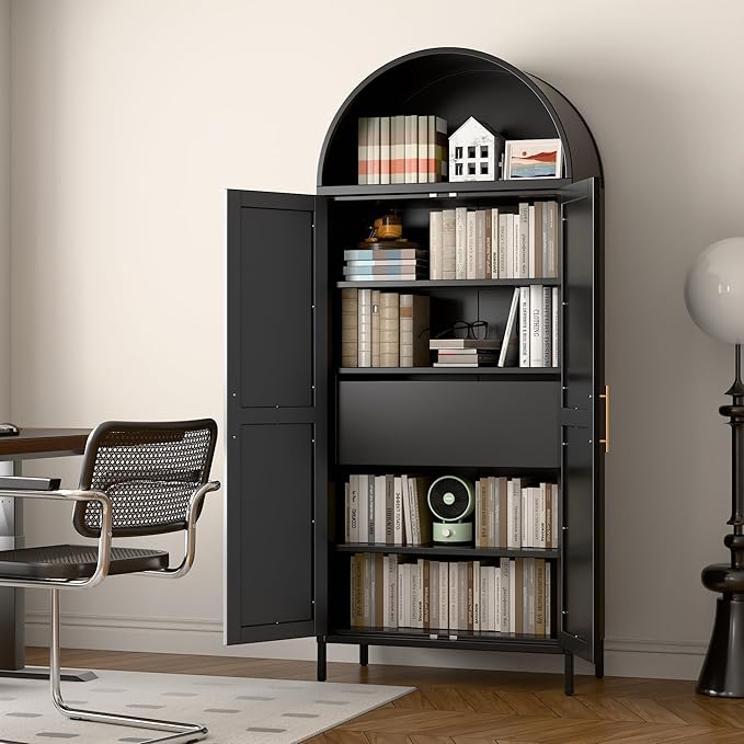 73'' Tall Metal Arched Cabinet, Modern Black Arch Bookshelf Display Cabinet with Doors/Shelves/Internal Drawers for Home Office Kitchen Bar Living Room