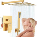 12 Inch Luxury Rain Shower Faucet Set, Brushed Gold Shower System with Rainfall Shower Head and Handheld Spray, SUS304 Stainless Steel and Solid Brass Wall Mounted Shower Valve Trim Kit
