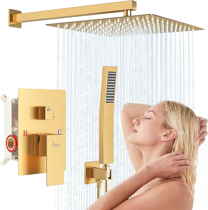 8 Inch Luxury Rain Shower Faucet Set, Brushed Gold Shower System with Rainfall Shower Head and Handheld Spray, SUS304 Stainless Steel and Solid Brass Wall Mounted Shower Valve Trim Kit