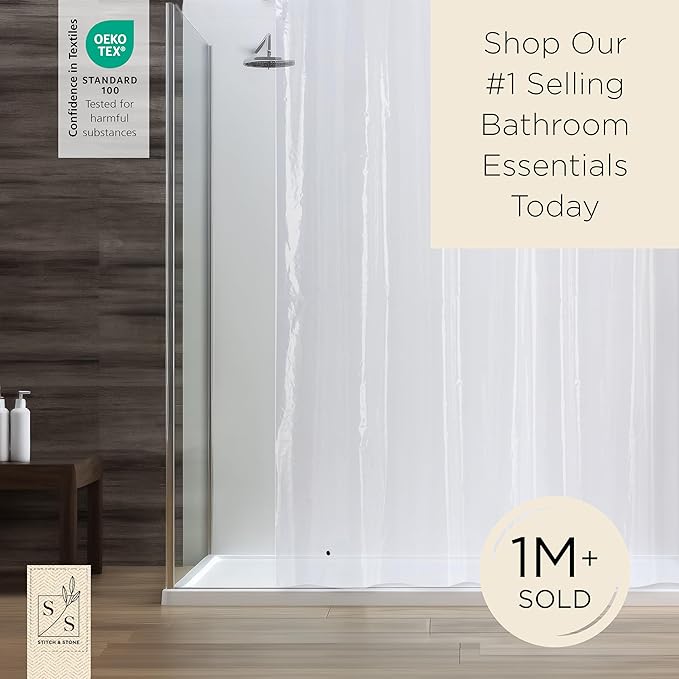 Stitch & Stone Shower Curtain Liner, Premium Extra Lightweight Durable Waterproof 3g PEVA for Bathroom with Weighted Magnets, Standard Size 70" x 72" Clear 1 Pack
