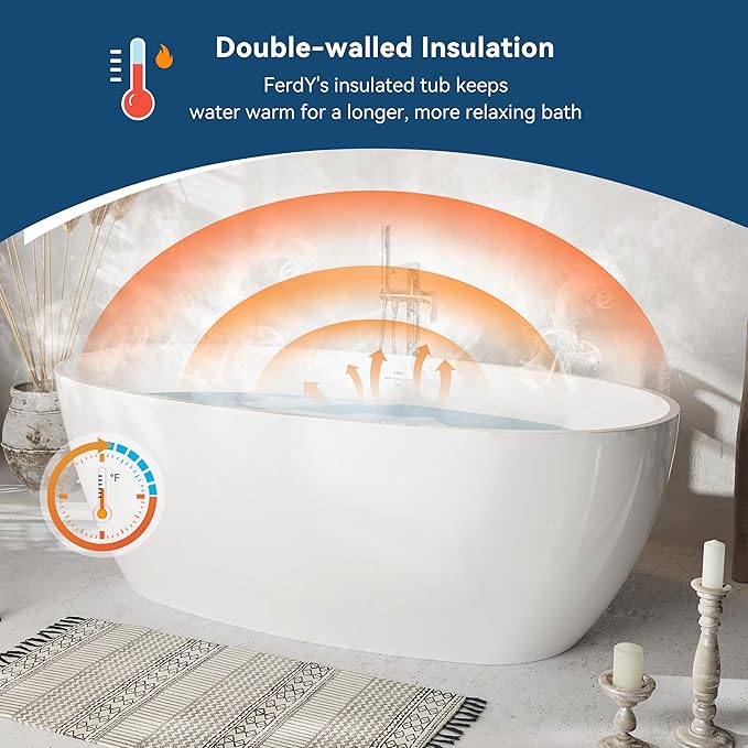 FerdY Tahiti 67" Freestanding Bathtub Elegant Oval Shape, Glossy White Double Walled Insulation bathtub with Center Matte Black Drain, cUPC Certified