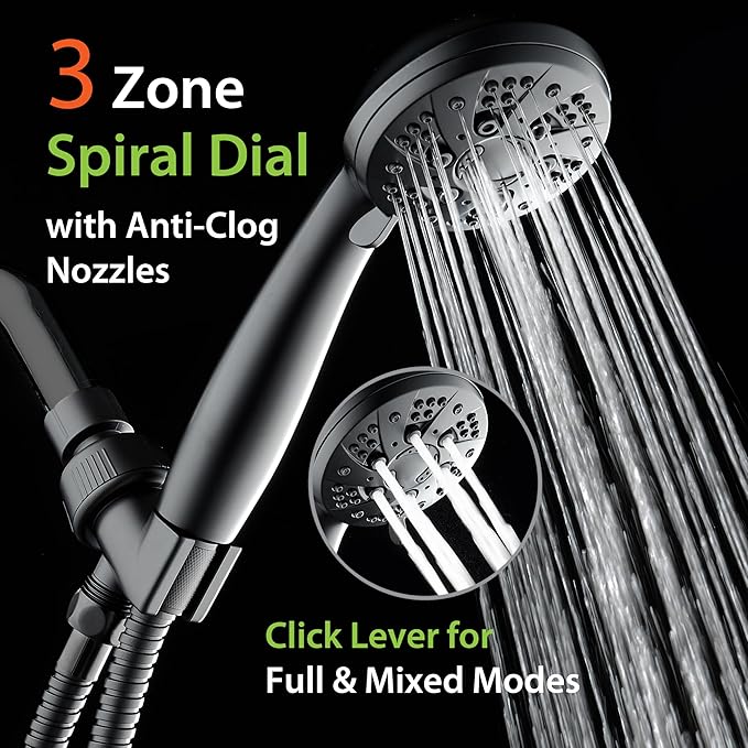 AquaDance High Pressure 6-Setting Matte Black Handheld Shower Head with Stainless Steel Hose. Officially Independently Tested to Meet Strict US Quality & Performance Standards!