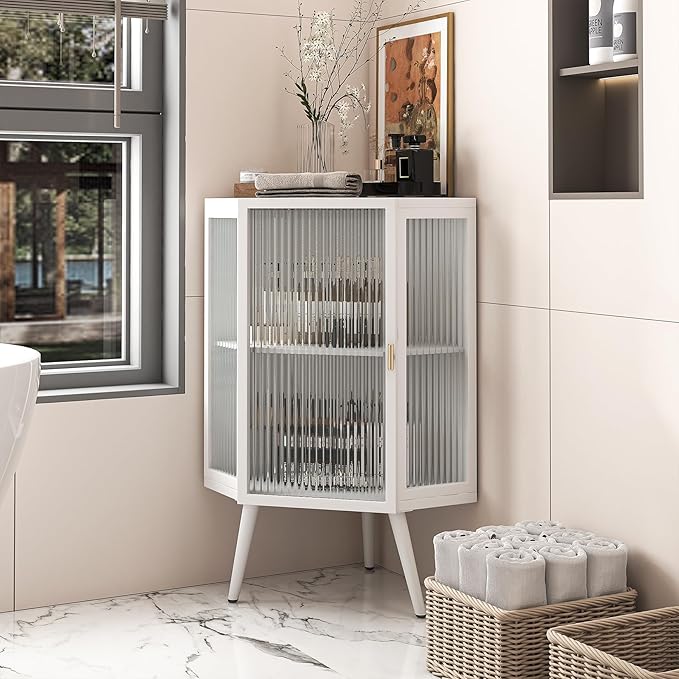 Corner Storage Cabinet with Glass Door, 31" & 43" Freestanding Triangle Floor Cabinet Modern Display Organizer Medicine Cabinets for Bathroom Living Room Bedroom (White, 31')