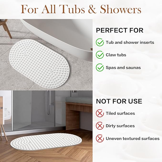 Silicone Bath Mat for Tub Non Slip, Bubble Massage Anti Slip Shower Mat with 27 x 15 Inches for Easy Storage, Washable Bathtub Floor Mats for All Ages, White, Oval