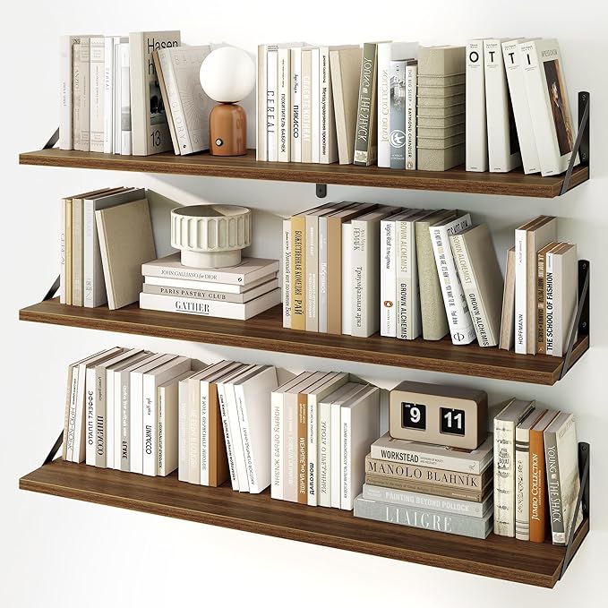 Fun Memories Long Wall Shelves for Bedroom, Set of 3 Large 40-Inch Floating Bookshelves, Rustic Wood Display Shelf for Home and Office (Walnut)