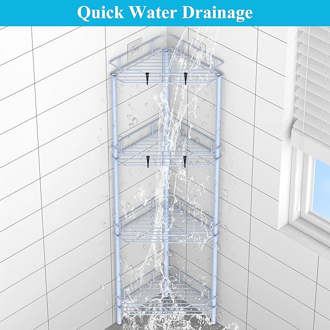 4 Tier Floor Standing Corner Shower Caddy Organizer Shelf with Hooks, Bathroom Shelves Stand Rack, Blue