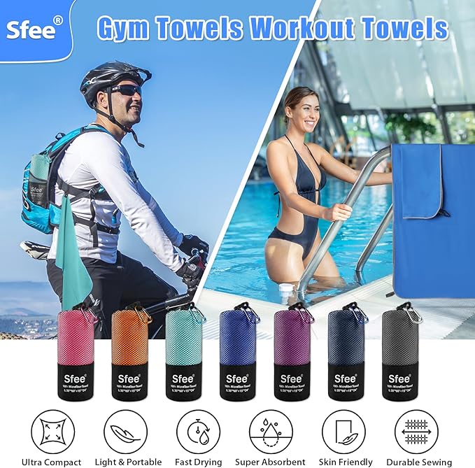 Sfee 2 Pack Microfiber Travel Towel, Quick Dry Camping Towel Large Beach Towel Super Absorbent Compact Lightweight Sports Gym Towels for Beach, Gym, Hiking, Pool, Backpacking, Bath, Yoga