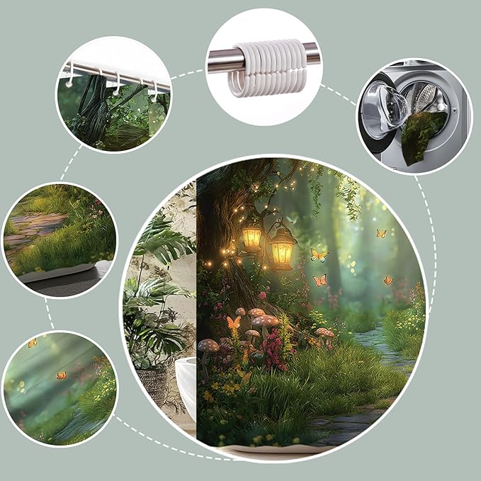 Fantasy Forest Path Shower Curtain Fairy Magical Enchanted Misty Jungle Mushroom Floral Tree Butterfly Lantern Wonderland Plant Bath Curtain Fabric Bathroom Accessories Decor with Hooks 84W x70L