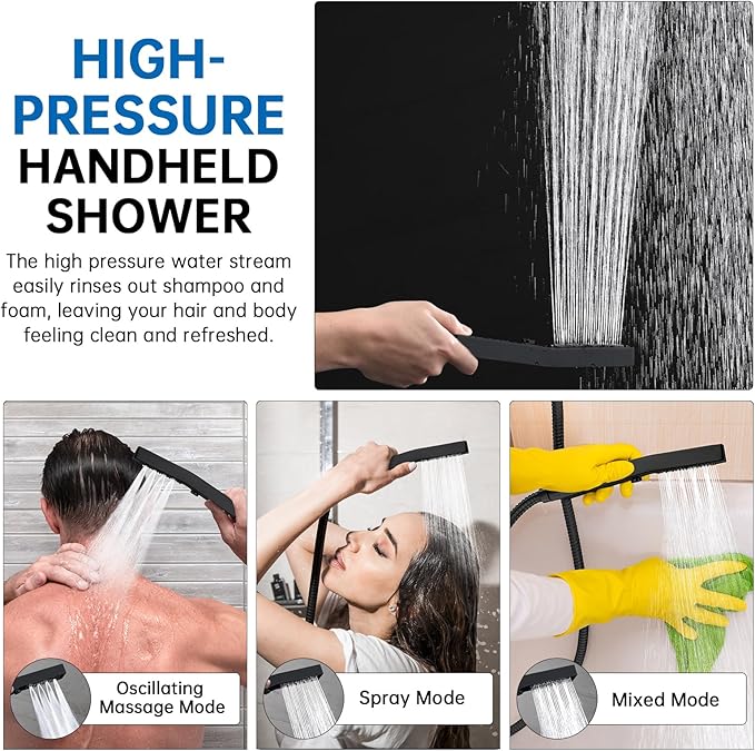 G-Promise All Metal 16 Inch Shower Head with Massage Mode Handheld, Rain Shower Head with Handheld Spray Combo, 3-Way Diverter with Pause Setting, 13 Inch Adjustable Extension Arm (Matte Black)