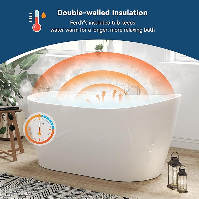 FerdY Lana'i 60" Freestanding Bathtub, Gracefully Shaped Freestanding Soaking tub, cUPC Certified, Polished Gold Drain Assembly Included