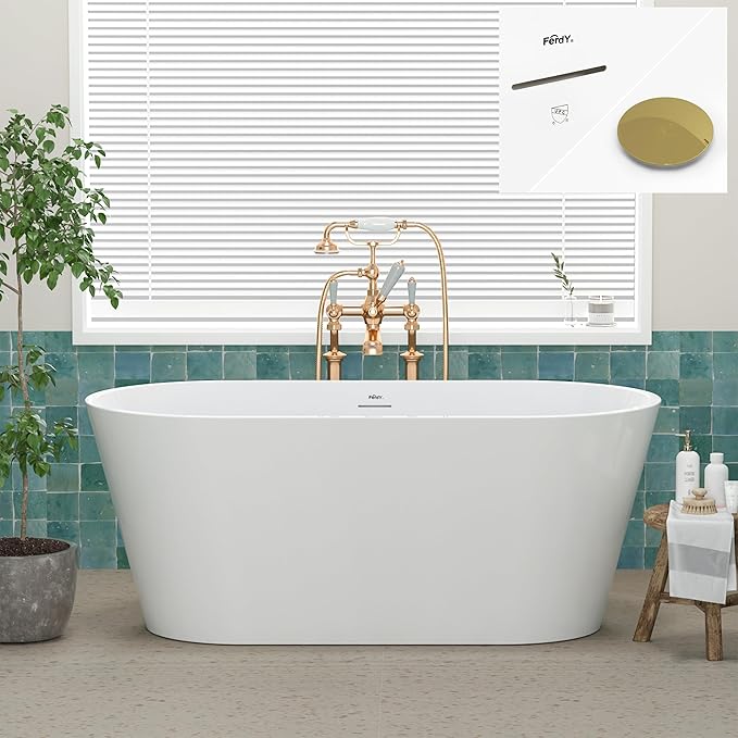 FerdY 59" Shangri-La Elite, Acrylic Freestanding Bathtub, Modern & Contemporary Design Soaking Tub with Polished Gold Pop-Up Drain and Minimalist Design Overflow, Glossy White, cUPC Certified