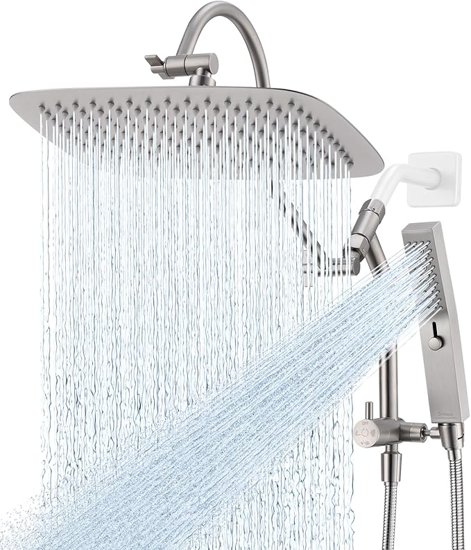 G-Promise All Metal 14 Inch Shower Head with Massage Mode Handheld, Rain Shower Head with Handheld Spray Combo, 3-Way Diverter with Pause Setting, 13 Inch Adjustable Extension Arm (Brushed Nickel)