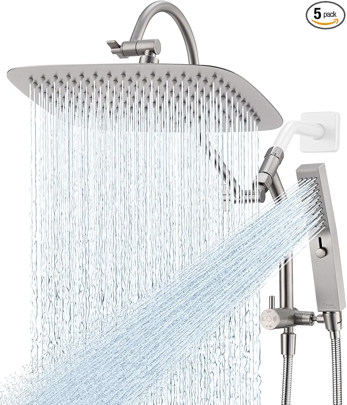 G-Promise All Metal 12 Inch Shower Head with Massage Mode Handheld, Rain Shower Head with Handheld Spray Combo, 3-Way Diverter with Pause Setting, 13 Inch Adjustable Extension Arm (Brushed Nickel)