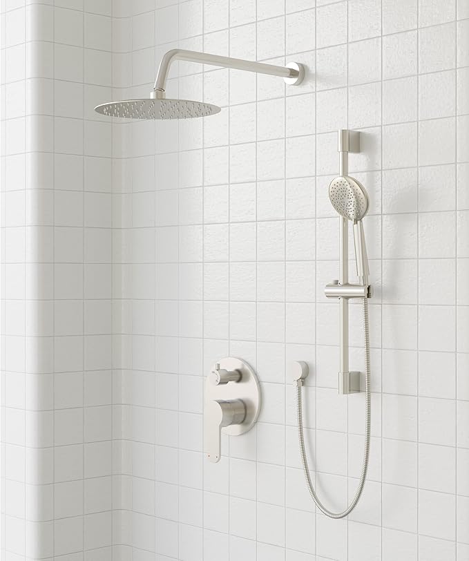 Gabrylly Shower System Brushed Nickel, Slide Bar Shower Faucet Set with High Pressure 10" Rain Head and 5-Setting Handheld Spray, 2 Way Pressure Balance Valve Trim Kit