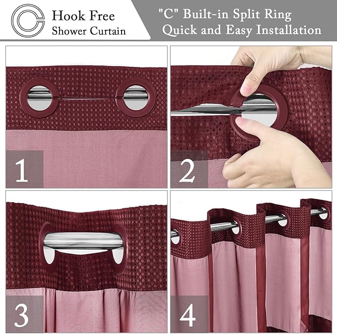 Gibelle No Hook Waffle Weave Shower Curtain with Snap-in Fabric Liner Set for Bathroom, Hotel Style with Mesh Top Window, Waterproof & Washable, Burgundy, 72x74