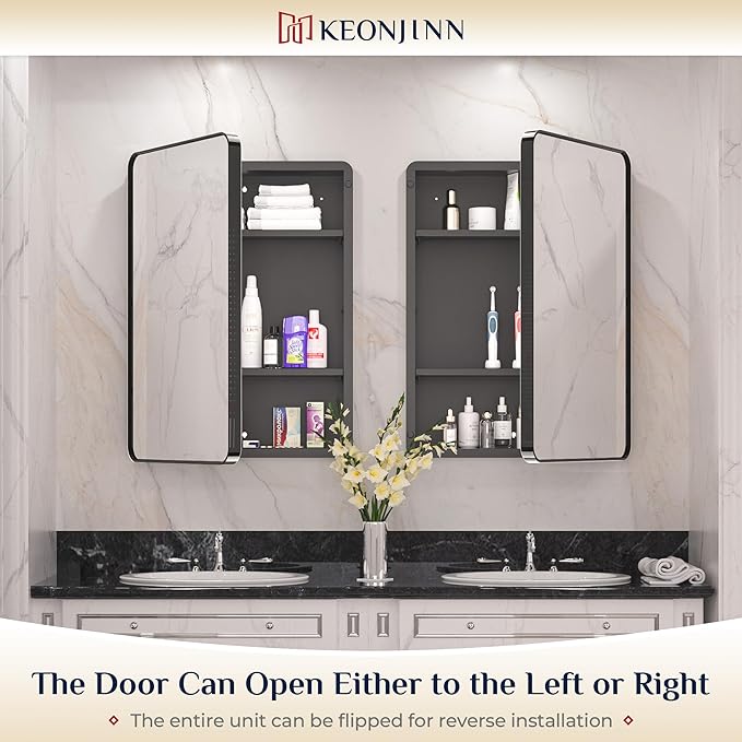 Keonjinn 20 x 26 Inch Black Recessed Medicine Cabinets, Bathroom Mirrored Medicine Cabinet, Gloss Black Stainless Steel Framed, Adjustable Shelves, in Wall or Surface Mount, Sturdy & Heavy, Farmhouse