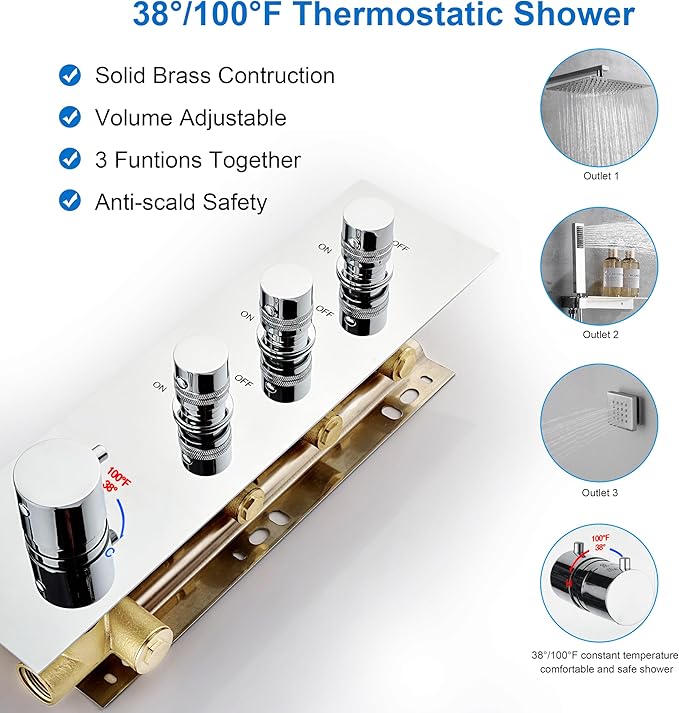 3-Way Chrome Shower Diverter Valve | Thermostatic Brass 3-Function Mixer | Individual On/Off Flow Control for Shower Arm & Shower Kit